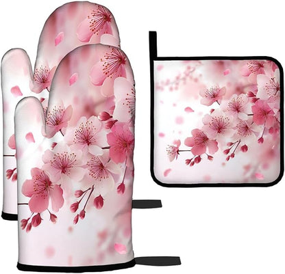 LOKMU Oven Mitts and Pot Holders Set of 3, Watercolor Pink Cherry Blossoms Flowers Heat Resistant Kitchen Gloves Hot Pads for Cooking Baking BBQ, Kitchen Decor Gifts for Cooking Lover Cooks