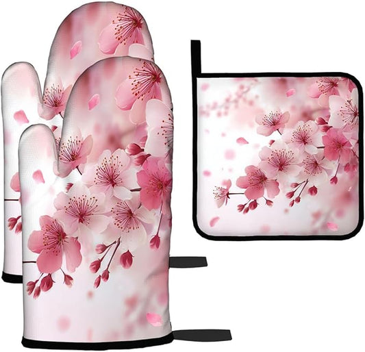 LOKMU Oven Mitts and Pot Holders Set of 3, Watercolor Pink Cherry Blossoms Flowers Heat Resistant Kitchen Gloves Hot Pads for Cooking Baking BBQ, Kitchen Decor Gifts for Cooking Lover Cooks