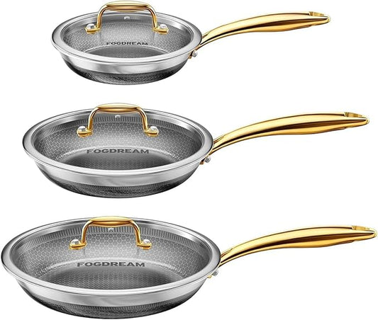 FogDream 8,10,12" Stainless Steel Frying Pan with Lid, Honeycomb Hybrid Nonstick Skillet for Induction & All Cooktops, PFAS/PFOA/PTFE Free, Oven Safe to 500°F, Stay-Cool Handle, Dishwasher Safe, Gold by FogDream