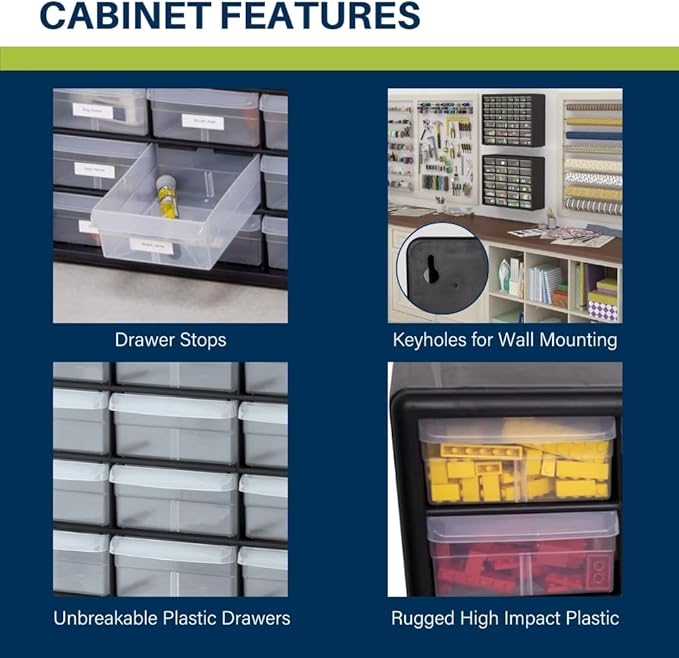 Akro-Mils 24-Drawer Plastic Drawer Storage Cabinet for Garage Organization, Bead Organizer, Building Bricks Storage, Teacher Toolbox, Makeup Organizer, 20-Inch W x 6-Inch D x 16-Inch H, 10124 Yellow - Image 4