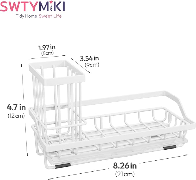 SWTYMIKI Sink Caddy Sponge Holder - Kitchen Sink Organizer with High Brush Holder for Countertop to Hold Dish Soaps and Sponges, Stainless Steel, White - Image 7