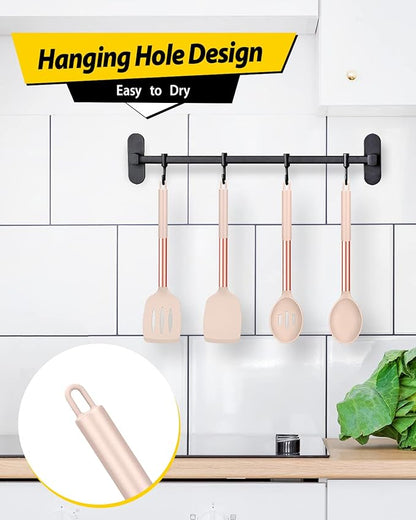 Pack of 4 Silicone Cooking Utensils Set, Non Stick Large Solid Spatulas, Heat Resistant Rose Gold Khaki Slotted Spoons, Ideal BPA Free Kitchen Turners for Frying, Mixing,Serving,Draining,Turning - Image 6