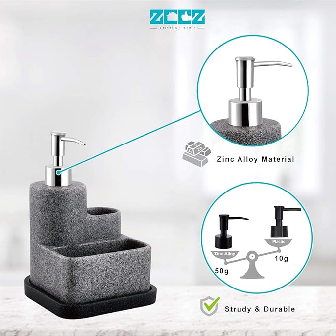 ZCCZ Black Soap Dispenser with Sponge Holder, Kitchen Soap Dispenser Pump, Sponge Caddy and Brush Holder 3 in 1 Set Organizer for Sink Countertop, Removable Tray, Marble Look (Brush NOT Included) - Image 6