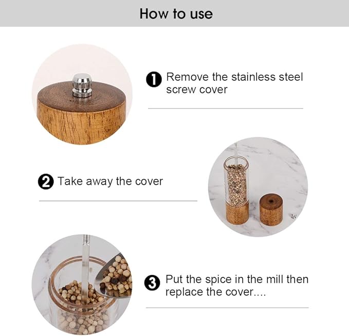 XWXO Premium Acrylic Salt and Pepper Grinder Set, Manual Salt and Pepper Mills- Wooden Shakers with Adjustable Ceramic Core-Salt Grinder and Pepper Mill -8 Inches-Pack of 2 - Image 4