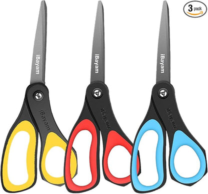 Scissors, iBayam 3 Pack 8" All Purpose Nonstick Scissors, 2.5MM Thickness Titanium Blades with Comfort Grip, Heavy Duty Shears for Office School Home Classroom General Use Art and Craft DIY Supplies by iBayamDirect