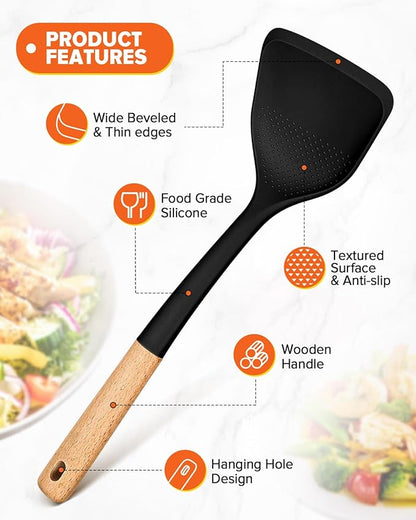 Silicone Cooking Utensils Set, Perfectly Angled for Frying, Mixing,Serving,Draining,Turning and Stirring, BPA-Free Matte Silicone, Wood Handles, Safe for Nonstick Cooking Surfaces,4 Pack (Black) - Image 4