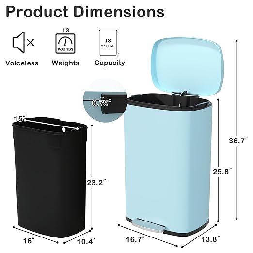 50 Liter / 13 Gallon Kitchen Trash Can with Lid, Stainless Steel Trash Can with Foot Pedal and Plastic Inner Bucket, Fingerprint-Resistant Soft Close Lid Garbage Can, Odor Proof and Hygienic, Blue - Image 6