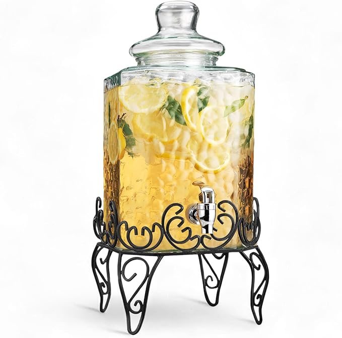 MosJos 2.5 Gallon Classic Hammered Glass Beverage Dispenser with Elegant Stand - Glass Drink Dispenser with 100% Leak Proof Spigot, Party Drink Dispensers for Lemonade, Punch, Water, Juice by MosJos