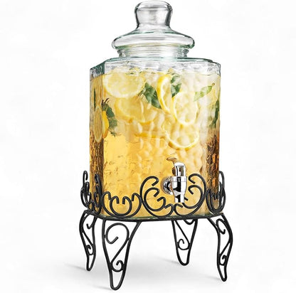 MosJos 2.5 Gallon Classic Hammered Glass Beverage Dispenser with Elegant Stand - Glass Drink Dispenser with 100% Leak Proof Spigot, Party Drink Dispensers for Lemonade, Punch, Water, Juice by MosJos
