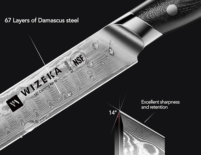 WIZEKA 12 Inch Damascus Slicing Knife - Ultra Sharp, Full Tang Carving Knife with G10 Handle, Great for Slicing Roasts, Meats, Fruits - Image 3