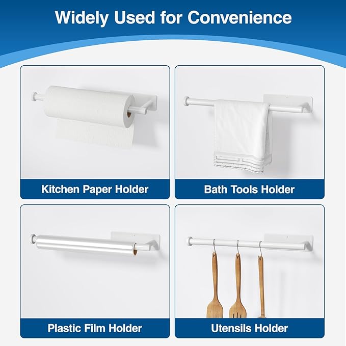 Paper Towel Holder - Self-Adhesive or Drilling, White, Wall Mounted, SUS304 Stainless Steel Kitchen Roll Dispenser Under Cabinet - Image 4