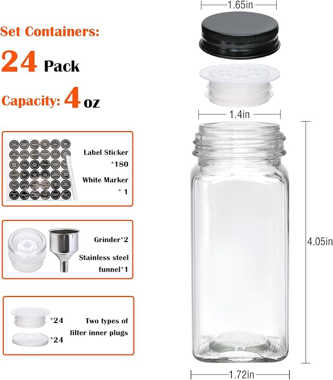 Maredash 24pcs Spice Jars with180 Labels,Glass Spice Jars, Seasoning Containers,Seasoning Organizer,Include black metal lid, pen, grinder, stainless steel funnel, two type inner plugs - Image 2