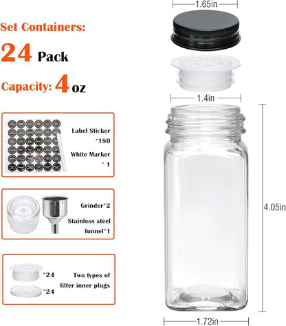 Maredash 24pcs Spice Jars with180 Labels,Glass Spice Jars, Seasoning Containers,Seasoning Organizer,Include black metal lid, pen, grinder, stainless steel funnel, two type inner plugs - Image 2
