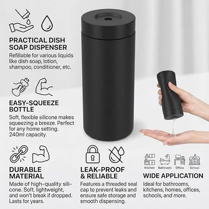 Dish Soap Dish Dispenser, 240ml Silicone Squeeze Washing Up Liquid and Hand Soap Refillable Bottles, Dishwashing Liquid Dispensing for Kitchen & Bathroom (Black)