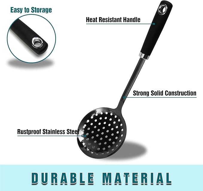 304 Stainless Steel Skimmer Spoon, 14.17" Slotted Strainer Spoon for Frying, Boiling, Pasta, Dumplings and Vegetables, Long Handle Kitchen Cooking Utensil, Dishwasher Safe, Black