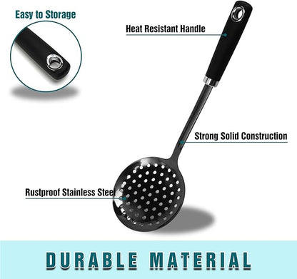 304 Stainless Steel Skimmer Spoon, 14.17" Slotted Strainer Spoon for Frying, Boiling, Pasta, Dumplings and Vegetables, Long Handle Kitchen Cooking Utensil, Dishwasher Safe, Black