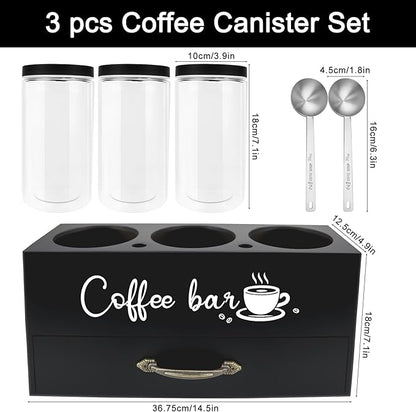MACIFECI 54 oz Coffee Canister Set with Shelf, Coffee and Sugar Container Set of 3 Canisters Sets for Kitchen Counter, Plastic Coffee Bean Storage Container with Scoop (Black - Drawer)