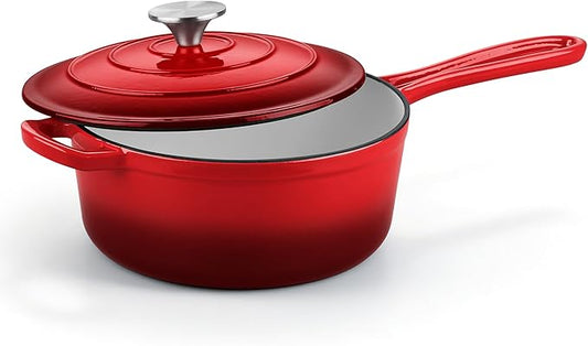 Homikit 3 Quart Saucepan with Lid, Enameled Cast Iron Sauce Pan, Enamel Cast Iron Cooking Pot Mini Dutch Oven Kitchen Cookware for Making Pasta, Boiling Soup, Warming Milk, Red