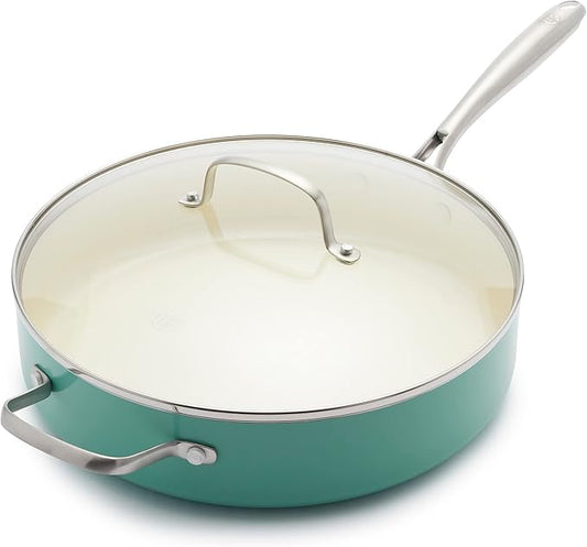 GreenLife Artisan Healthy Ceramic Nonstick, 5QT Saute Pan Jumbo Cooker with Helper Handle and Lid, Stainless Steel Handle, PFAS-Free, Dishwasher Safe, Oven Safe, Turquoise