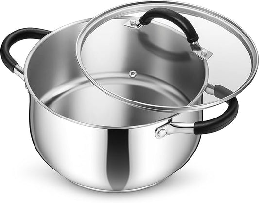 P&P CHEF Stainless Steel Stock Pot, 5 Qt Cooking Soup Pot with Visible Lid for Pasta, Tri-Ply Bottom & Dual Heatproof Handles, For Induction Gas All Stoves, Non-Toxic & Dishwasher Safe by PPCHEF