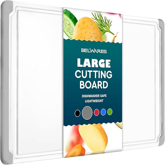Large Cutting Boards for Kitchen - Dishwasher Safe Non-Slip Cutting Boards with Juice Grooves, Easy Grip Handles - Large and Thick Chopping Board (Grey) by Belwares