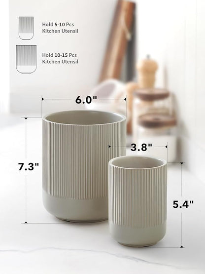 LE TAUCI Utensil Holder for Kitchen Counter, 7.3"+5.4" Fluted Ceramic Utensil Crock Organizer for Countertop, Heavy Large Holder for Spatulas, Spoons, Set of 2, Oatmeal Greige - Image 6