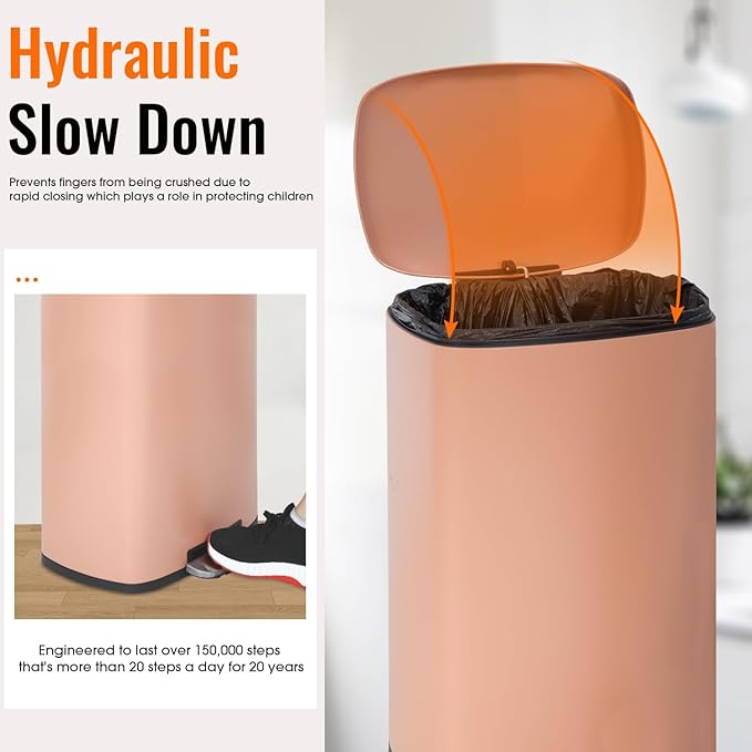 FDW | 13 Gallon Trash Can with Lid | Pink | Fingerprint-Proof | Made of Brushed Stainless Steel | Soft-Close Step Pedal | Hands-Free Use | Easy to Clean | for Kitchen, Office, Bathroom - Image 2