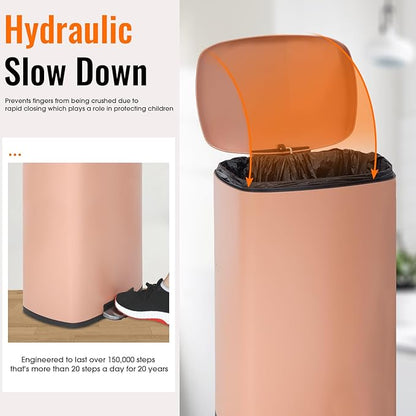 FDW | 13 Gallon Trash Can with Lid | Pink | Fingerprint-Proof | Made of Brushed Stainless Steel | Soft-Close Step Pedal | Hands-Free Use | Easy to Clean | for Kitchen, Office, Bathroom - Image 2