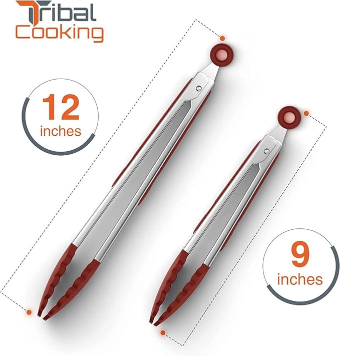 Tribal Cooking Kitchen Tongs with Silicone Tips - Stainless Steel tongs for cooking - 9" and 12" Tongs With Silicone Rubber Grips, Small and Large - Metal BBQ Tongs with Locking (Red) - Image 3