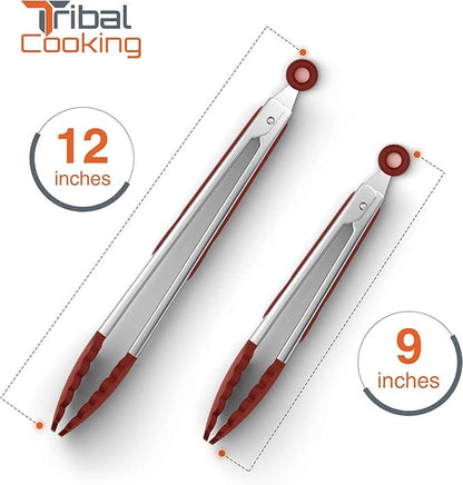 Tribal Cooking Kitchen Tongs with Silicone Tips - Stainless Steel tongs for cooking - 9" and 12" Tongs With Silicone Rubber Grips, Small and Large - Metal BBQ Tongs with Locking (Red) - Image 3
