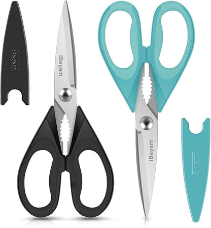 Small Kitchen Scissors 8-inch, iBayam 2 Pack Kitchen Shears All Purpose Meat Scissors Poultry Shears, Dishwasher Safe Food Cooking Scissors Heavy Duty Stainless Steel Utility (Black, Aqua Sky) by iBayamDirect