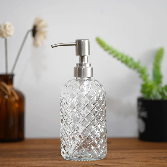 16 oz Diamond Pattern Glass Soap Dispenser, Kitchen and Bathroom Refillable Soap Dispenser with Rust Resistant Stainless Steel Pump for Hand Soap, Lotion Glass Liquid Dispenser(Clear-2pack) - Image 6
