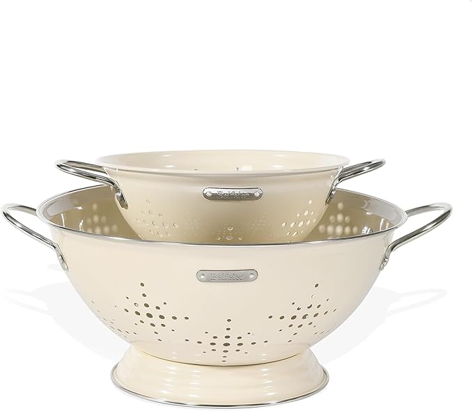 Metal Colander 2 Pack, Strainer Bowel with Handles 2Qt & 6Qt Powder Coated Solid Ring Base Heavey Duty Kitchen Drainer Basket for Pasta Veggies and Fruits,New Home Apartment Essentials (Almond Cream) by Unknown
