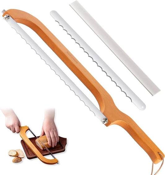 Sourdough bread knife,Bread Slicer for Homemade Bread,Adjustable blade tightness for Even Slicing, Serrated knife,Wooden Bread cutter with Bow Design (3, Natural Wood)
