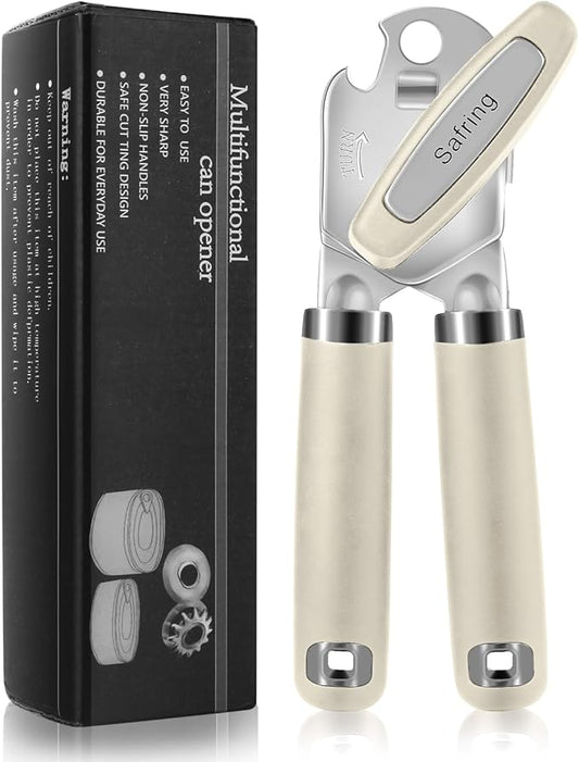 Safring Can Opener Manual, Heavy Duty Handheld Strong Can Opener with Soft Touch Handle, Sharp Blade Smooth Edge, Can Openers with Multifunctional Bottle Opener, Beige by Safring