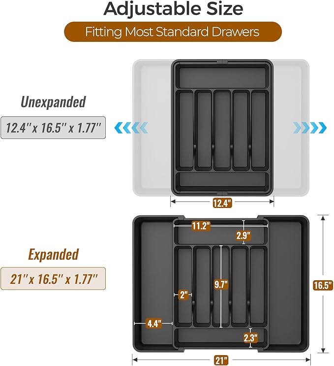 ukeetap Extra Large Expandable Silverware Organizer, BPA-Free Food-Safe Cutlery Flatware Organizer, Kitchen Utensil Drawer Organizer, Adjustable Silverware Holder for Spoons Forks Knives, Black - Image 3