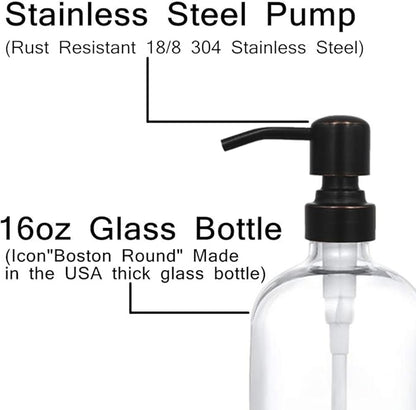 2 Pack Thick Clear Glass Boston Round Bottles /Oil Rubbed Bronze Stainless Steel Pumps, 16 Ounce Jar Soap Dispenser with Rustproof Pump for Essential Oil, Liquid Soap