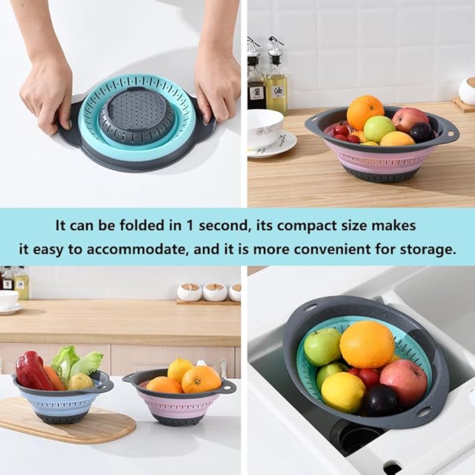 Collapsible Colander and Strainer,Silicone Strainer Colanders & Food Strainers,for Vegetable and Fruit, Kitchen Essentials (3, Pink, 1.3L+2.1L+2.5L) - Image 5