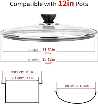 12 Inch Pan Lid, 12'' Frying Pan Lid, Tempered Glass Cast Iron Lids for Skillets, Fry Pan, Wok Pot (12 inch)