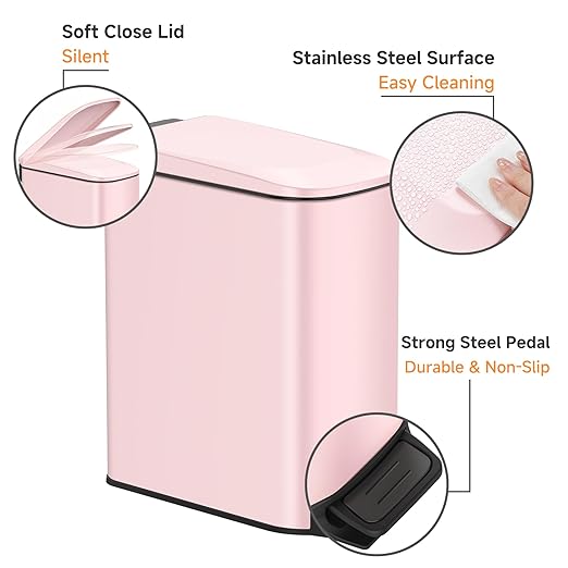 TIPGO Slim Bathroom Trash Can with Lid Soft Close, 6 Liter / 1.6 Gallon Stainless Steel Garbage with Removable Inner Bucket, Small Trash Bins for Bedroom, Office (Pink) - Image 3
