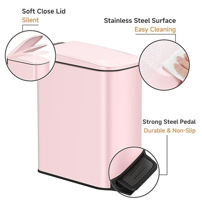 TIPGO Slim Bathroom Trash Can with Lid Soft Close, 6 Liter / 1.6 Gallon Stainless Steel Garbage with Removable Inner Bucket, Small Trash Bins for Bedroom, Office (Pink) - Image 3