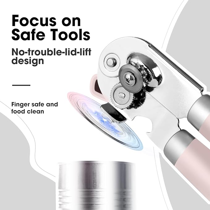 Beneno Heavy Duty Hand Can Opener Manual with Magnet, Durable Sharp Carbon Steel Blade Smooth Cutting, Big Effort-Saving Knob & Soft Grip Handle, Multifunctional Bottle Opener, Light Pink - Image 5