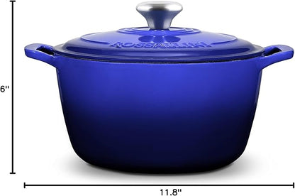 ROSSALLINI Signature Enameled Cast Iron Dutch Oven, Non-Stick Serving Pot with Tight Fitting Lid for Perfect Roasting, Baking, Sauteing, and Bread Making | 10Q (9.5L) - Indigo Blue