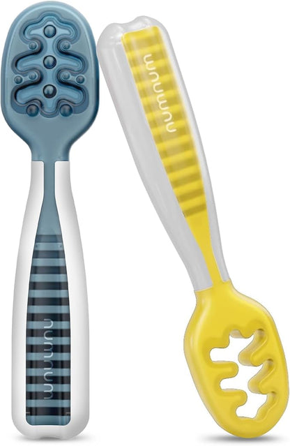NumNum Baby Spoons Set, Baby Essentials Pre-Spoon GOOtensils for 6+ Months, First Stage Self-Feeding Spoons for Baby Led Weaning (BLW), Silicone Toddler Utensils, BPA-Free, 2 Pack Blue/Yellow by NumNum