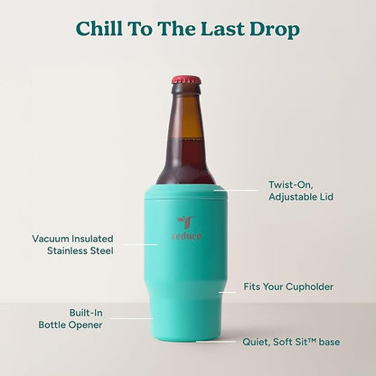 Reduce 4-in-1 Drink Cooler - Versatile Can & Bottle Holder with Vacuum Insulation - Keeps Drinks Cold Up to 4 Hours - Includes Bottle Opener - Fits Cupholders & Dishwasher Safe - 14oz - Ocean Breeze
