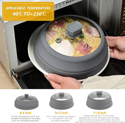 Microwave Splatter Cover Glass Splatter Guard Lid with Collapsible Silicone for Small Bowls Food Plate Cover 8.5 inch Grey - Image 2