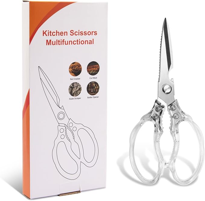 CGBE Kitchen Scissors, Multi-Purpose Kitchen Shears, Heavy Duty Food Scissors for Chicken, Poultry, Fish, Meat & Herbs with Non-Slip Grips (Transparent) - Image 7