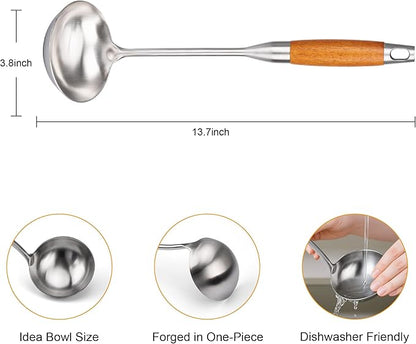 FJNATINH Soup Ladle, Stainless Steel Ladle with Heat Resistant Wooden Handle, Food Grade Metal Cooking Soup Spoon Kitchen Tools, Easy to Clean - Image 2