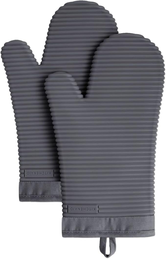 KITCHENAID Ribbed Soft Silicone Oven Mitt 2-Pack Set, 7.5"x13", Charcoal Grey by KitchenAid