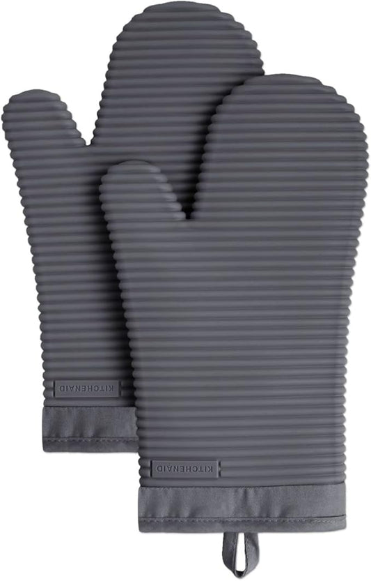 KITCHENAID Ribbed Soft Silicone Oven Mitt 2-Pack Set, 7.5"x13", Charcoal Grey by KitchenAid